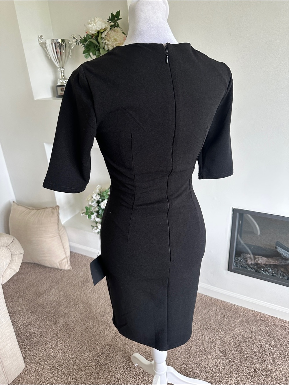 Lulu's Black Midi Sheath Dress with Draped Front - Picture 6 of 7